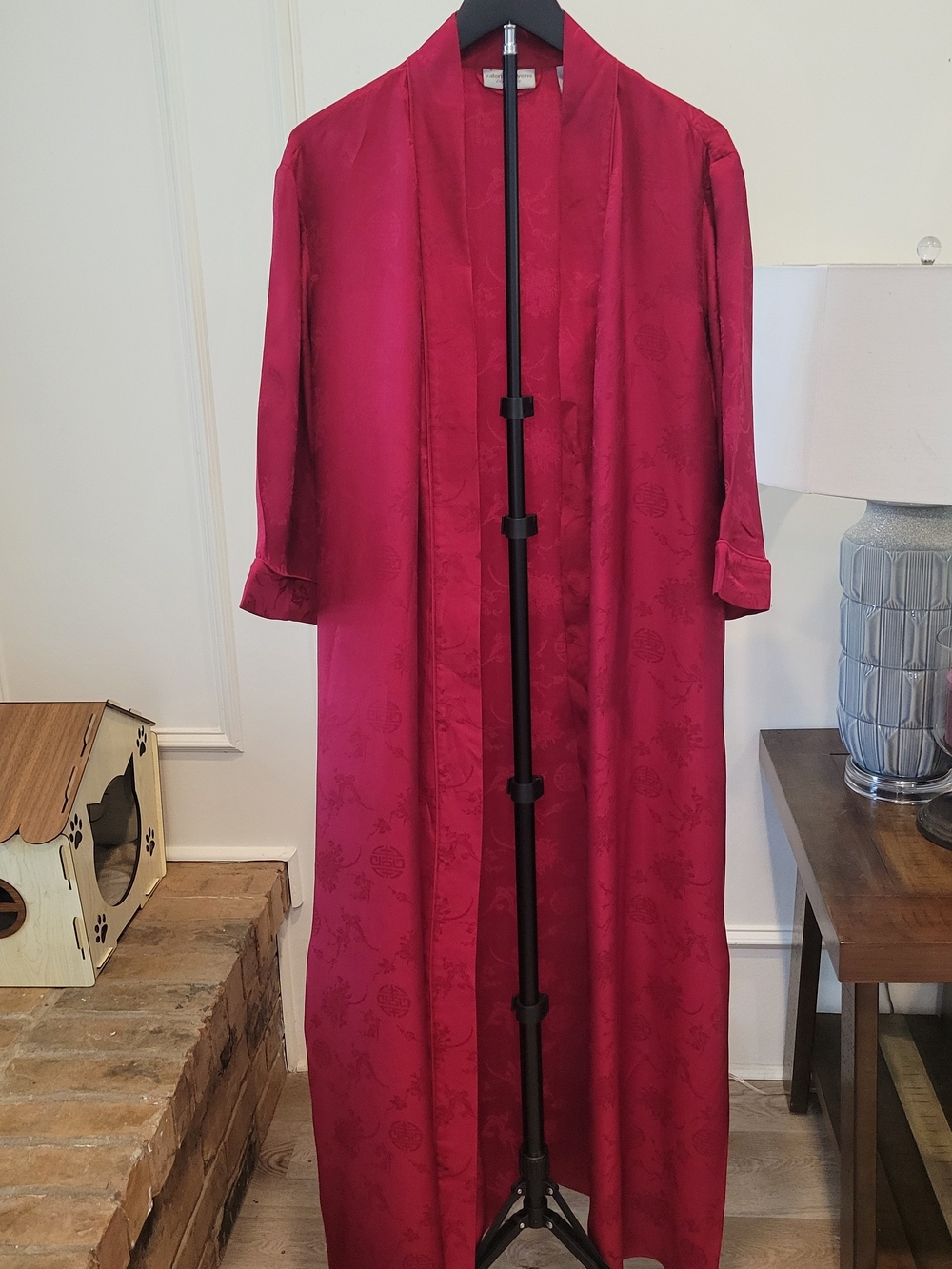 100% Silk Vintage Valerie Stevens Berry Red Long Jacquard Robe